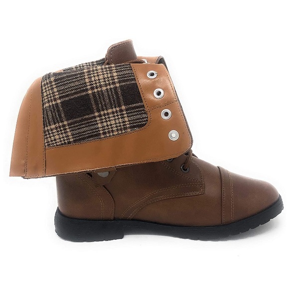 🛍️🛍️🛍️ 5/$20 Military Combat Boot with Plaid Fold-Over Cuff - Picture 2 of 8